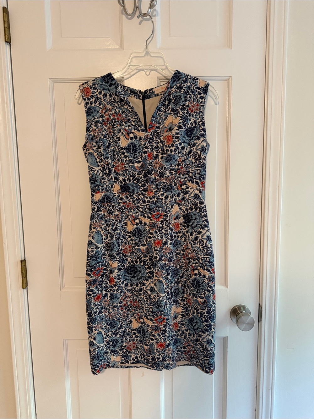 Tory Burch Blue Floral V-Neck Sheath with Red/Pink Accents